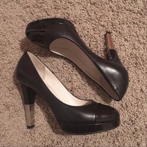 CHANEL: Black Leather Platform Pumps Gold Heel